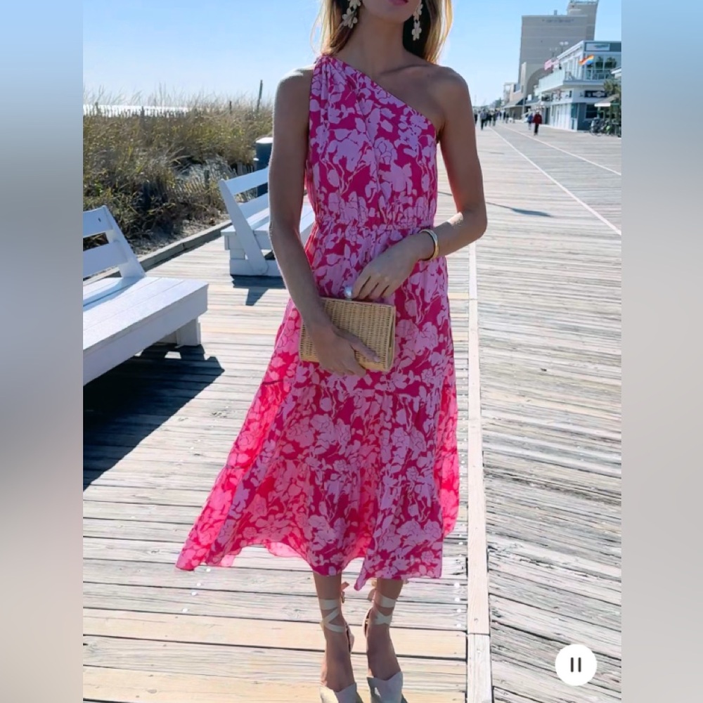 Tuckernuck Vibrant Pink Floral One-Shoulder Dress